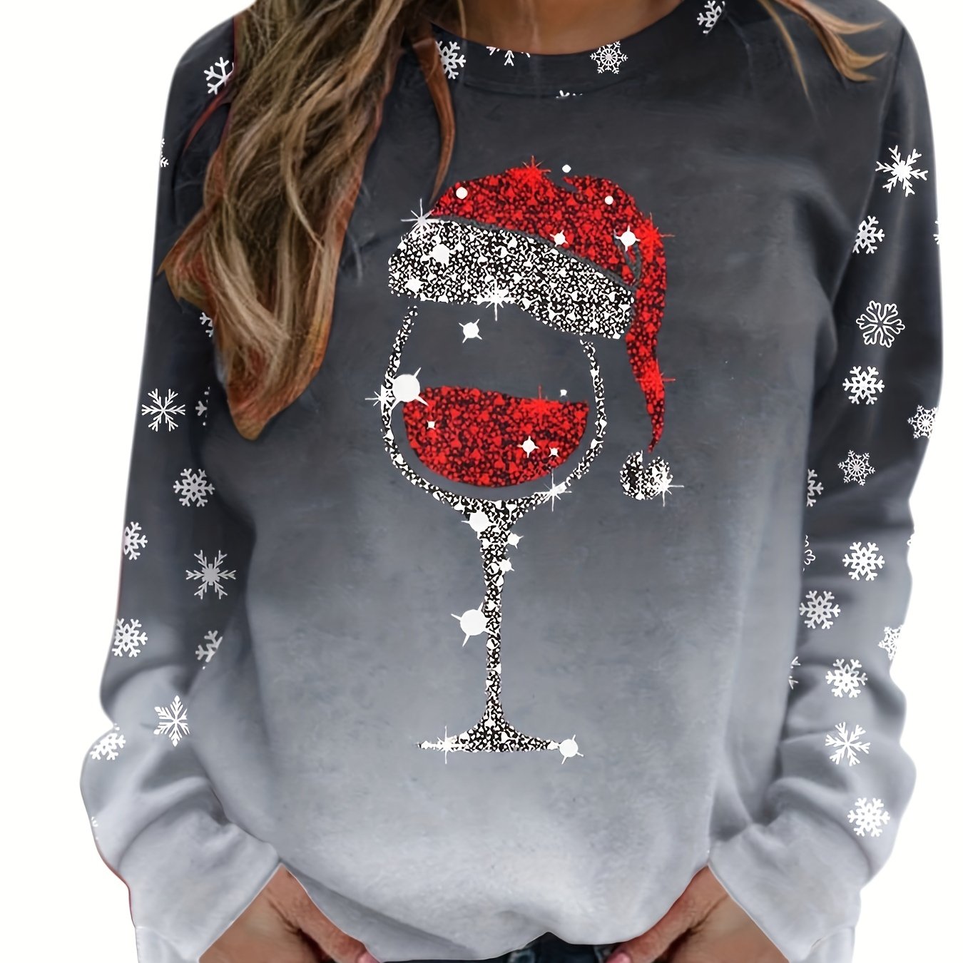 vlovelaw Christmas Snowflake Print Crew Neck Sweatshirt, Long Sleeve Casual Sports Pullover Top, Women's Clothing