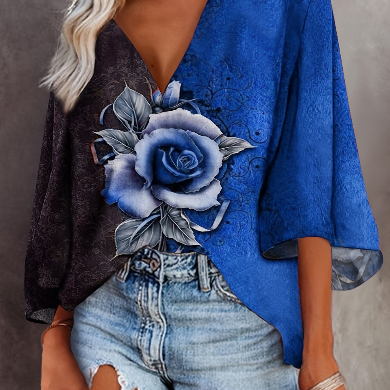 Plus Size Rose Print Bat Sleeve V Neck Top, Women's Plus Medium Stretch Casual T-shirt