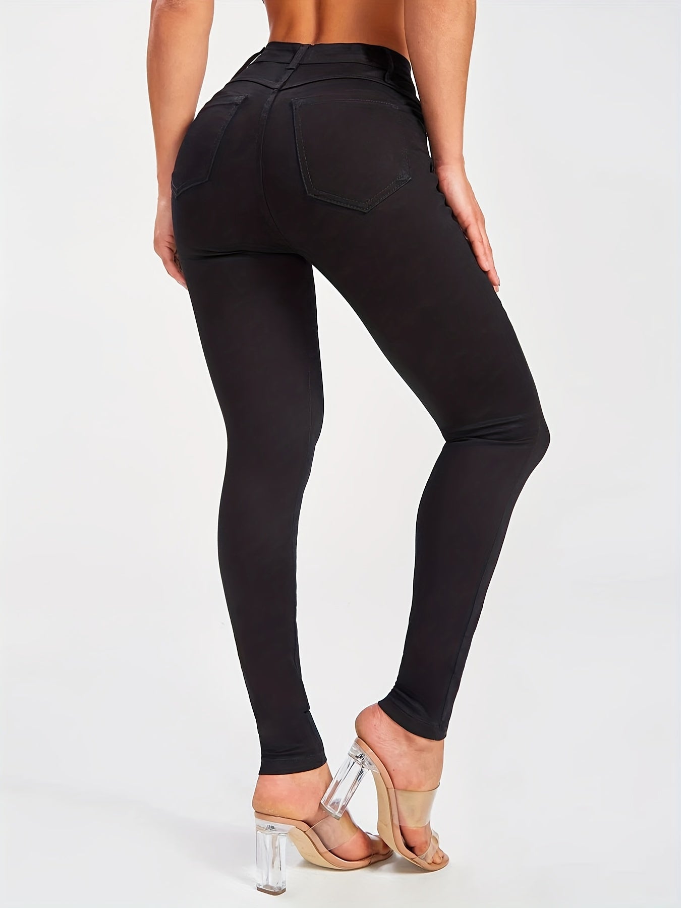 Solid Black Skinny Jeans, High Stretch Mid Rise Stylish Plain Denim Pants, Essential Basic Pants For Every Day, Women's Denim Jeans & Clothing