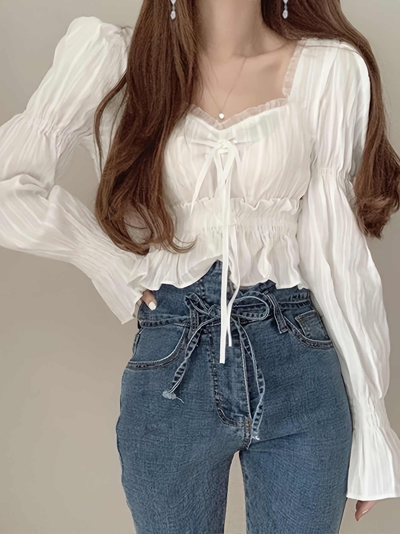 vlovelaw Ruffle Trim Queen Anne Neck Blouse, Chic Puff Sleeve Cinched Waist Crop Blouse For Spring & Fall, Women's Clothing