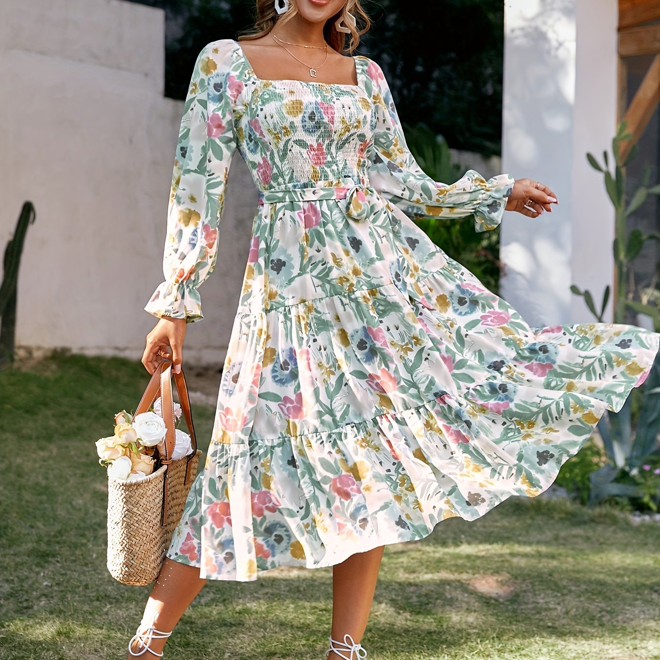 vlovelaw Vintage Floral Print Dress, Boho Shirred Tiered Long Sleeve Dress, Women's Clothing