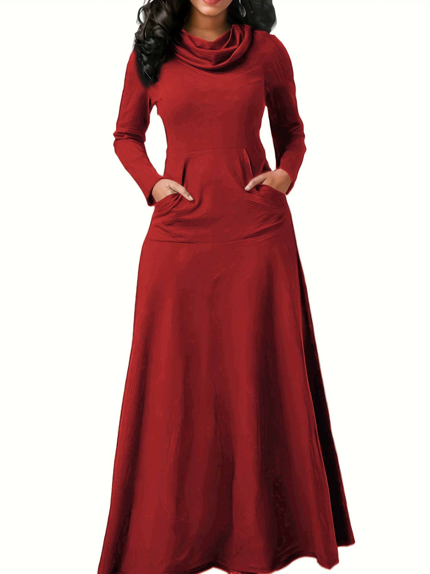 Plus Size Casual Dress, Women's Plus Solid Long Sleeve Turtleneck High Stretch Maxi Dress With Pockets