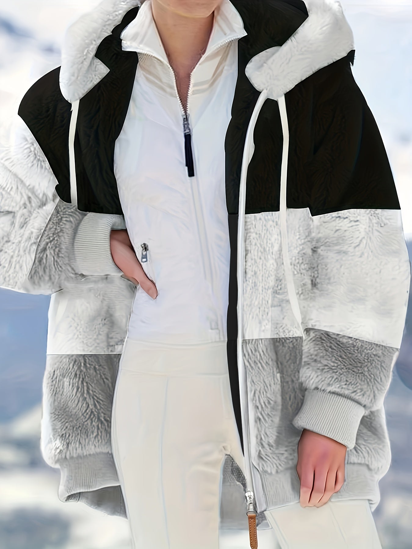 vlovelaw Color Block Hooded Teddy Coat, Casual Zip Up Long Sleeve Winter Warm Outerwear, Women's Clothing