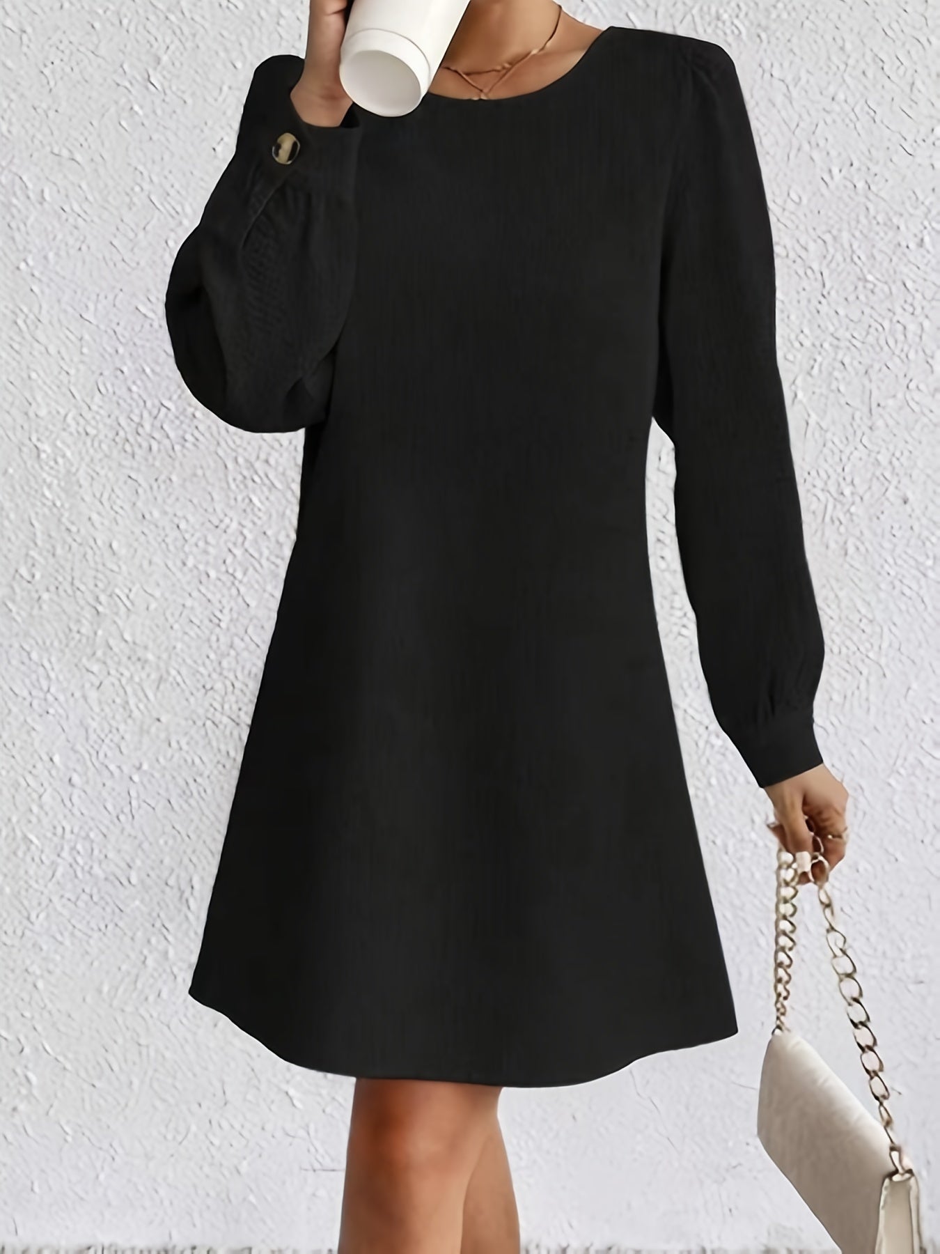 vlovelaw Solid Button Back Dress, Casual Long Sleeve Crew Neck Dress, Women's Clothing
