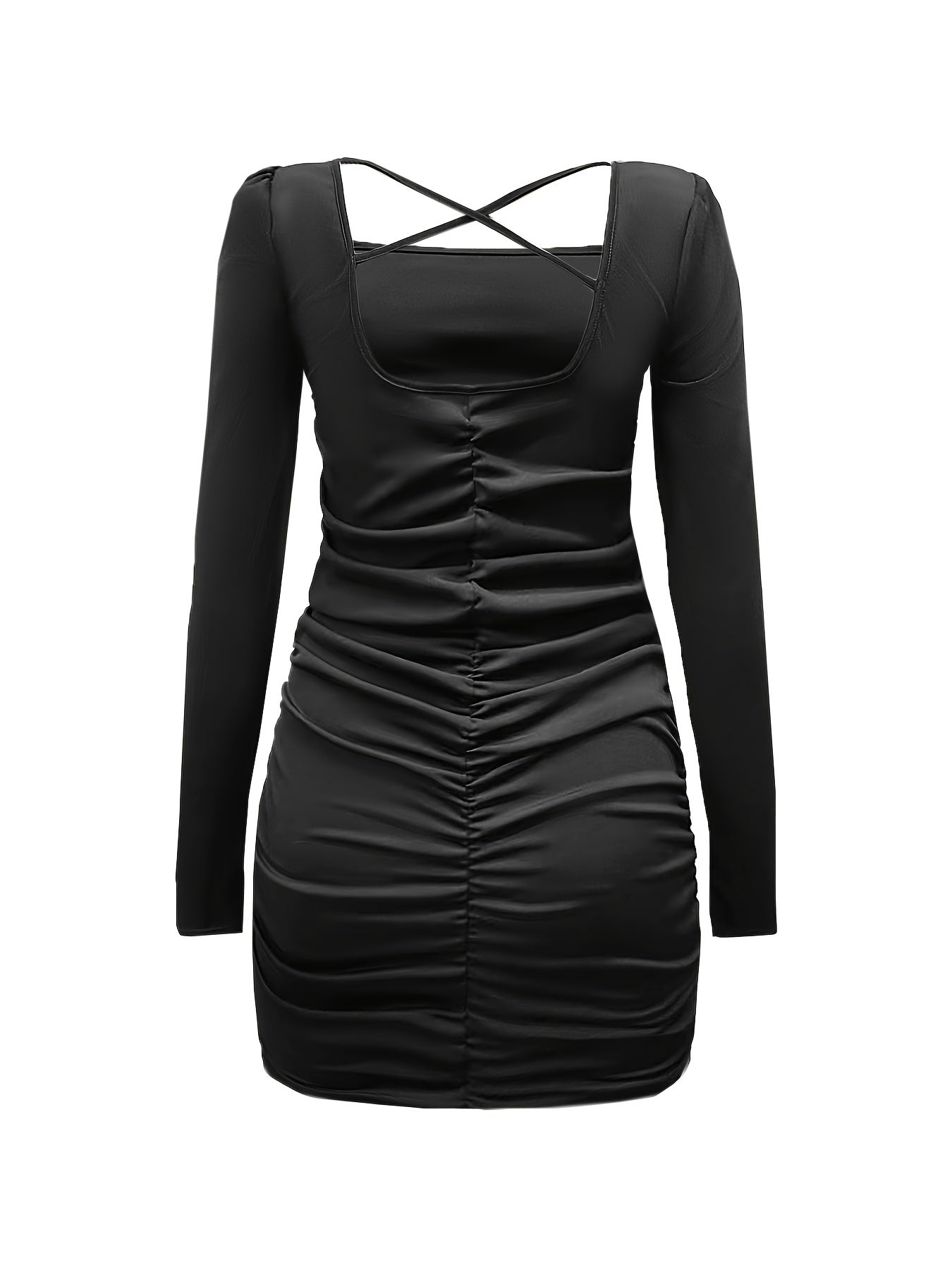 vlovelaw Backless Ruched Dress, Sexy Squared Neck Long Sleeve Bodycon Dress, Women's Clothing