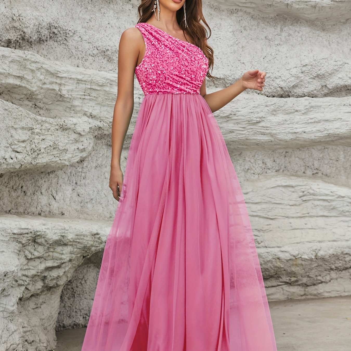 vlovelaw One Shoulder Sequin Dress, Elegant Sleeveless Dress For Party & Banquet, Women's Clothing