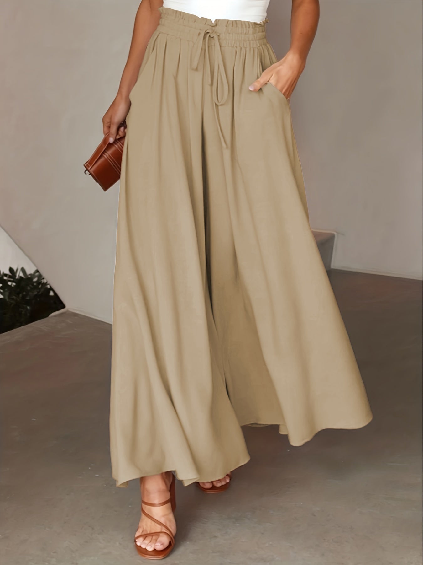 High Waist Drawstring Wide Leg Pants, Casual Loose Pants For Spring & Fall, Women's Clothing