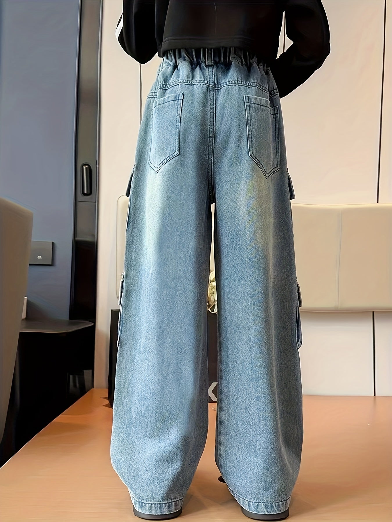 Girls' Autumn/winter Trousers, Trendy Loose Straight Multi-pocket Cargo Denim Pants, Kids' Jeans For Outdoor, Kids Clothing
