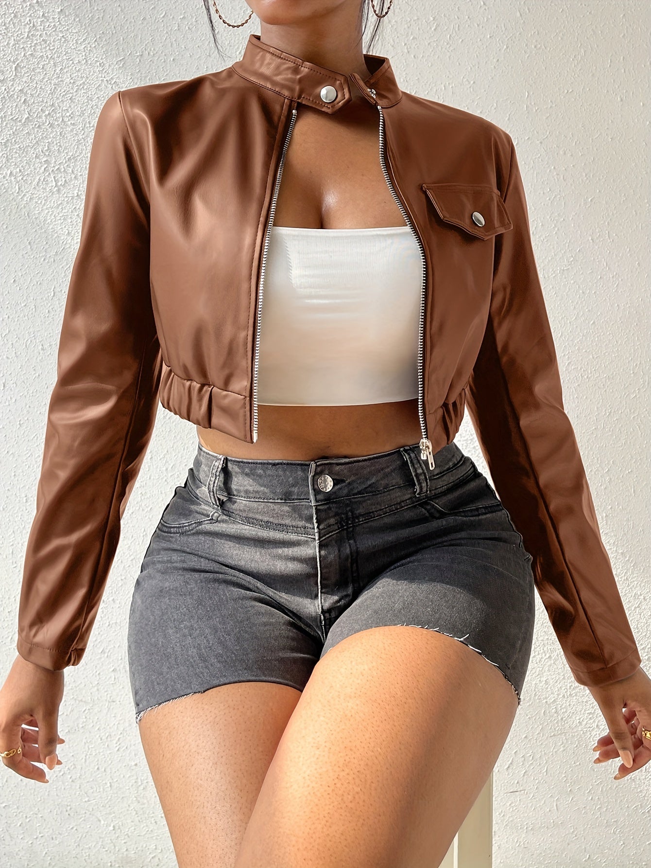 vlovelaw  Solid Zipper Crop Motor Jacket, Casual Faux Leather Long Sleeve Jacket For Fall, Women's Clothing