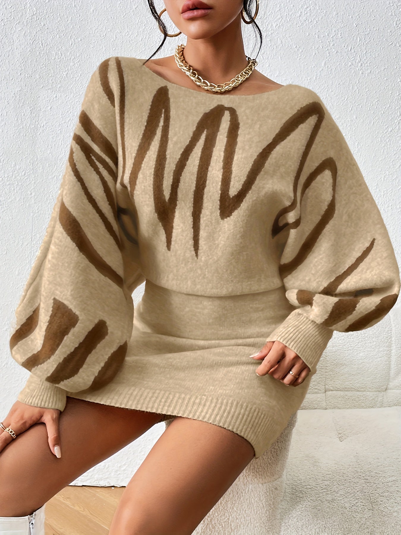 Abstract Print Sweater Dress, Elegant Boat Neck Long Lantern Sleeve Dress, Women's Clothing