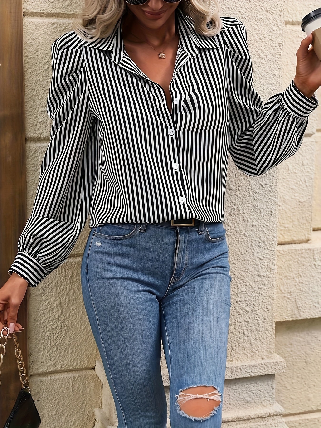 Stripe Print Polo Collar Button Blouse, Casual Long Sleeve Blouse For Spring & Fall, Women's Clothing