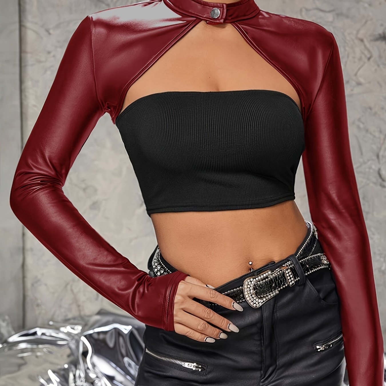 vlovelaw Solid Faux Leather Crop Top, Vintage Long Sleeve Crop Top For Spring & Fall, Women's Clothing