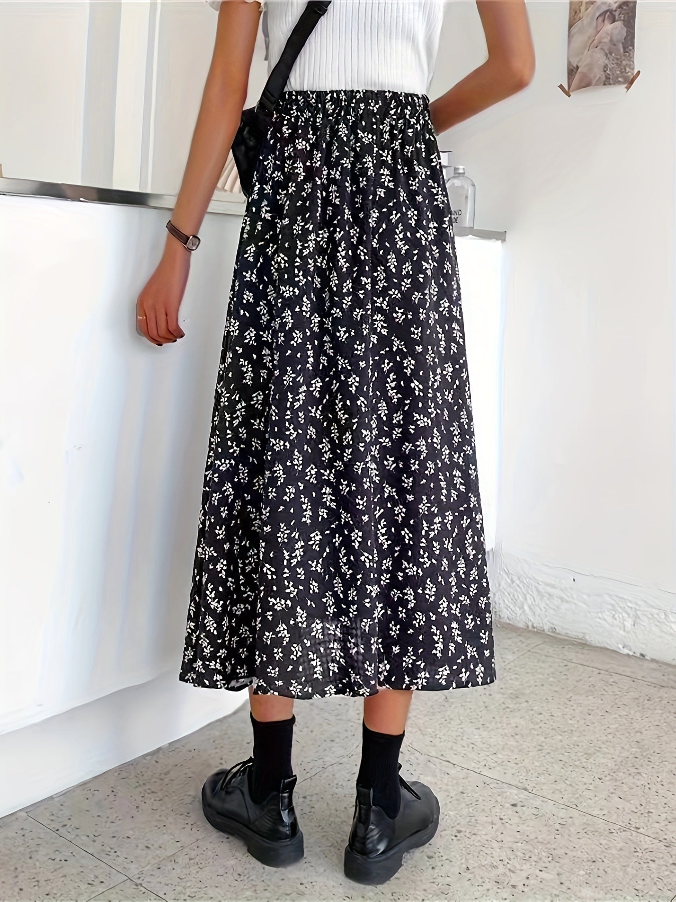 Ditsy Floral Print High Waist Skirt, Elegant Midi Skirt For Spring & Symmer, Women's Clothing