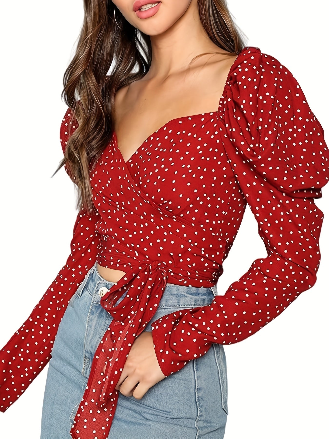 vlovelaw Polka Dot Print Cross V Neck Crop T-Shirt, Sexy Tie Front Long Puff Sleeve T-Shirt For Spring & Fall, Women's Clothing