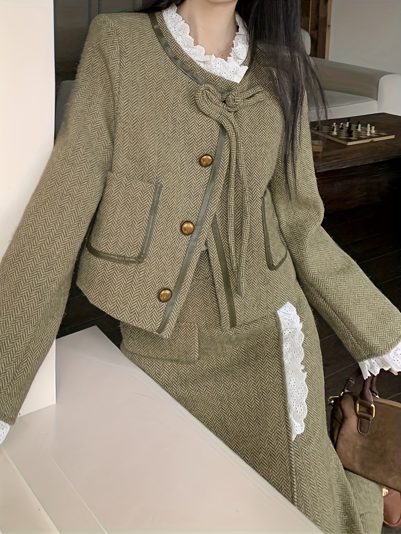 vlovelaw Single Breasted Patched Pockets Jacket, Vintage Long Sleeve Outwear For Fall & Winter, Women's Clothing