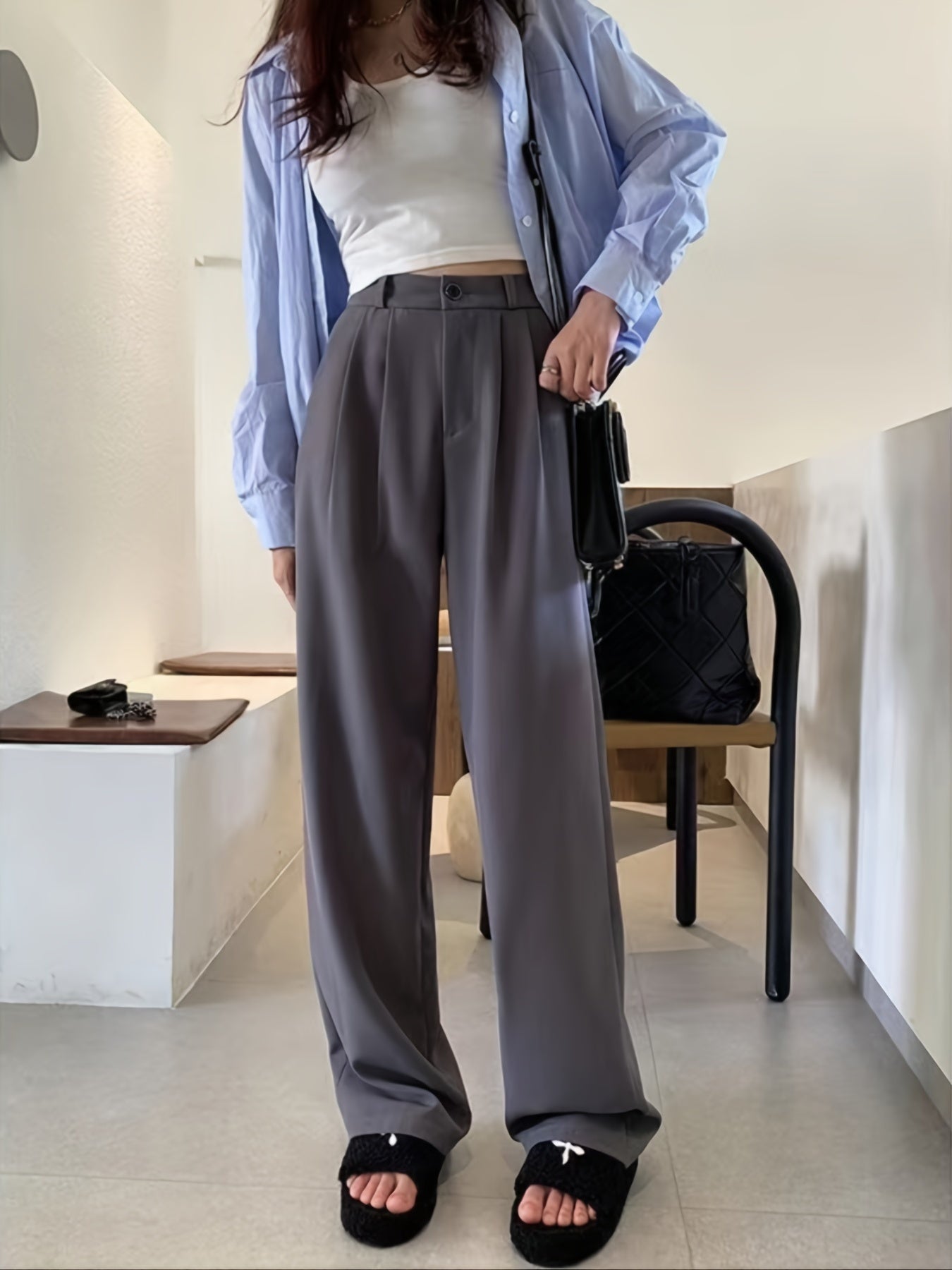 vlovelaw Solid High Waist Draped Long Length Pants, Casual Loose Spring & Autumn Pants, Women's Clothing