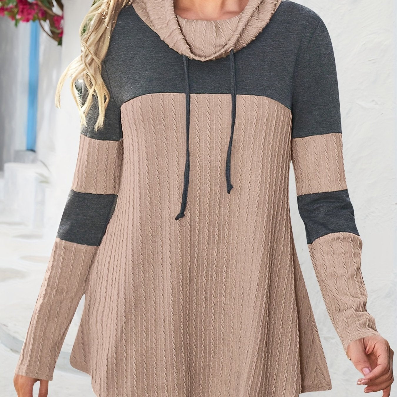 Women's Two Tone Color Drawstring Hooded Shirts, Long Sleeve Loose Textured Casual Pullover Shirt, Women's Fashion Clothing