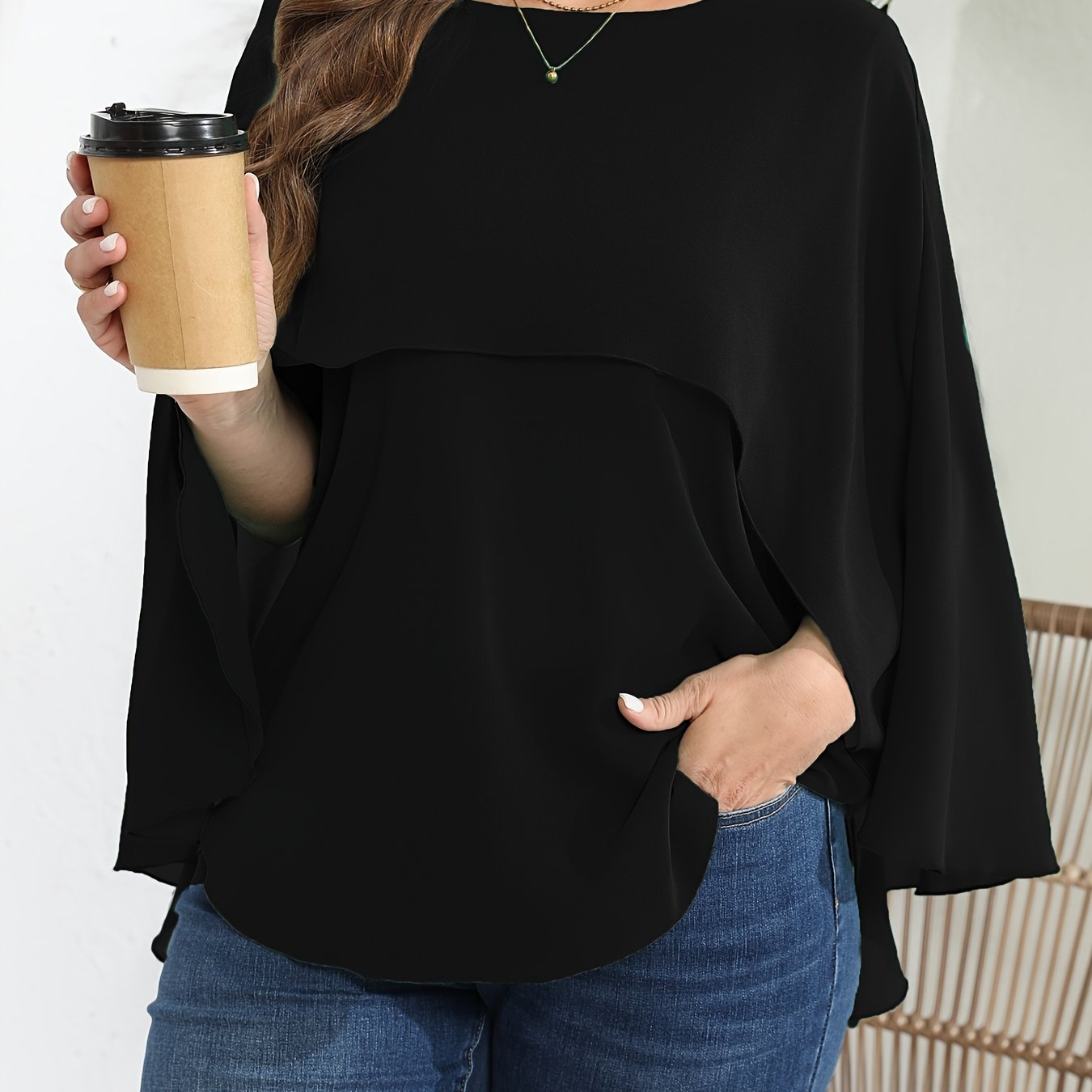 vlovelaw Plus Size Elegant Blouse, Women's Plus Solid Layered Mesh Batwing Sleeve Round Neck Shirt Top