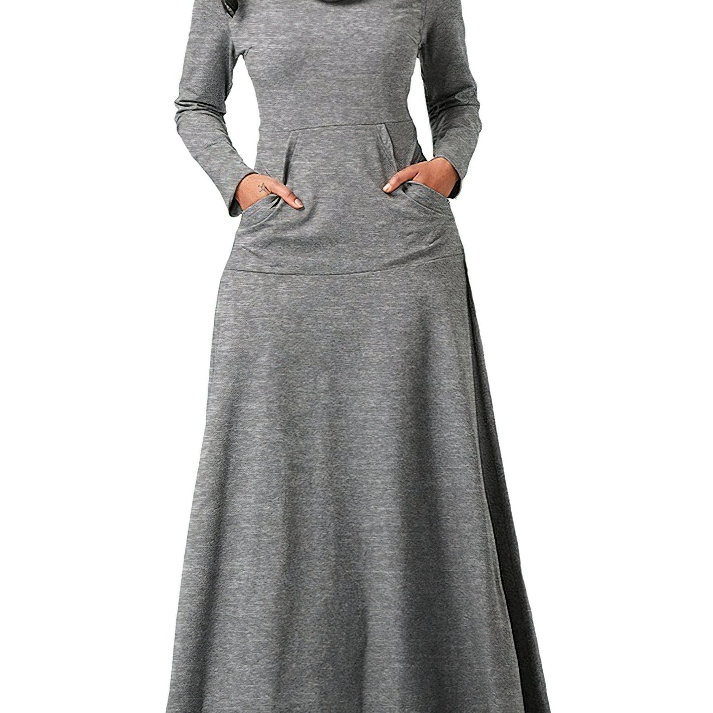 Plus Size Casual Dress, Women's Plus Solid Long Sleeve Turtleneck High Stretch Maxi Dress With Pockets