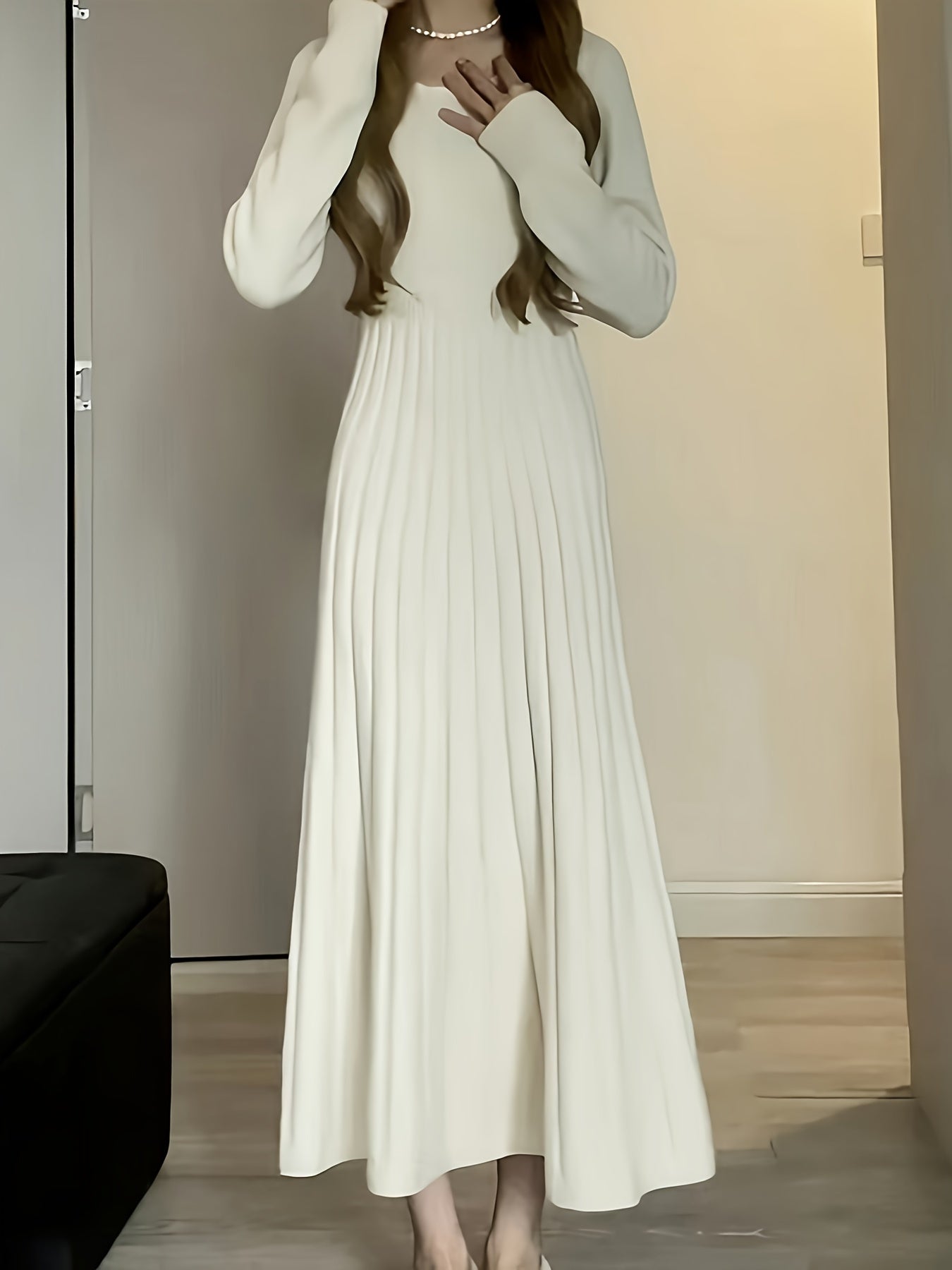 vlovelaw Solid Knitted Slim Dress, Elegant Long Sleeve Midi Dress For Fall & Winter, Women's Clothing