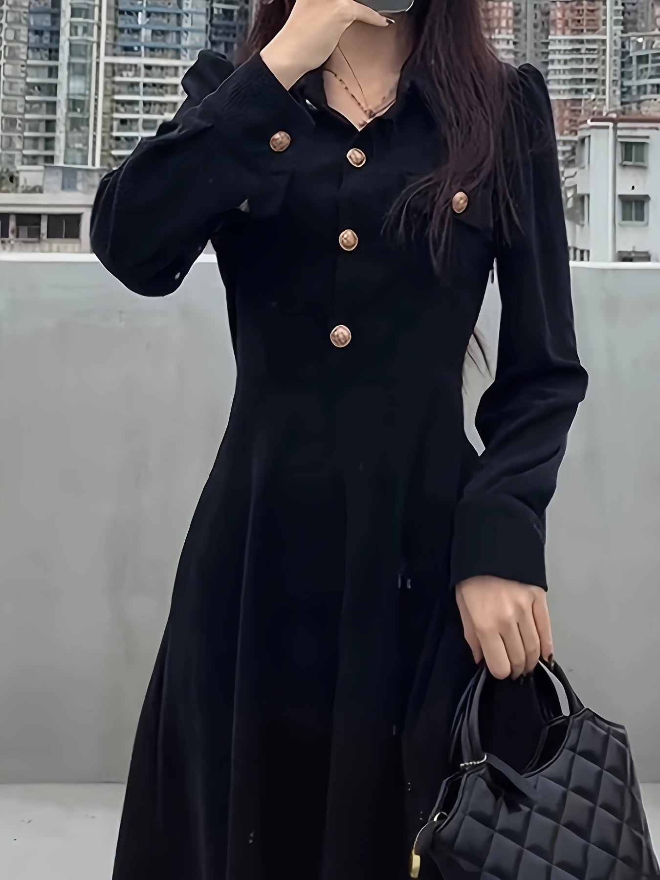 vlovelaw Single Breasted V-neck Slim Dress, Elegant Puff Sleeve Vintage Dress For Spring & Fall, Women's Clothing