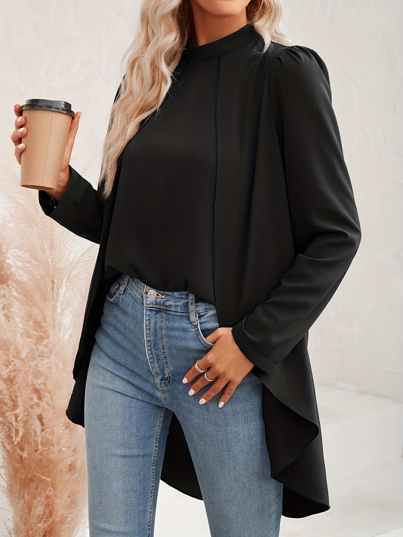 Solid Fake Two-piece Blouse, Casual Asymmetrical Hem Mock Neck Blouse For Spring & Fall, Women's Clothing
