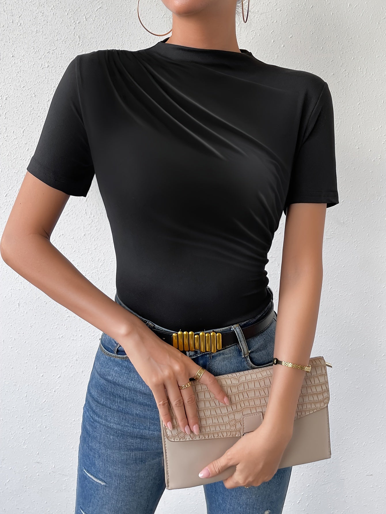 Solid Ruched Crew Neck T-Shirt, Casual Short Sleeve T-Shirt For Spring & Summer, Women's Clothing