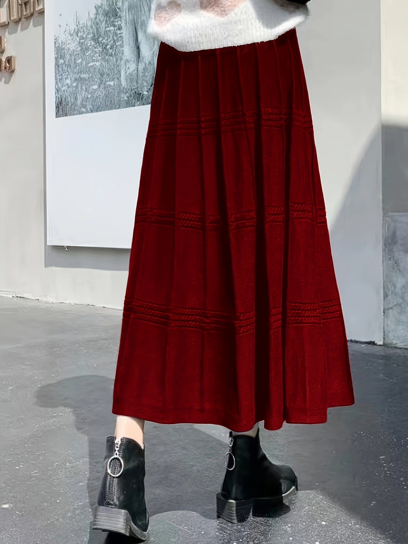 Solid Color Knit Tucked Skirt, Casual Ankle Length Skirt For Fall & Winter, Women's Clothing