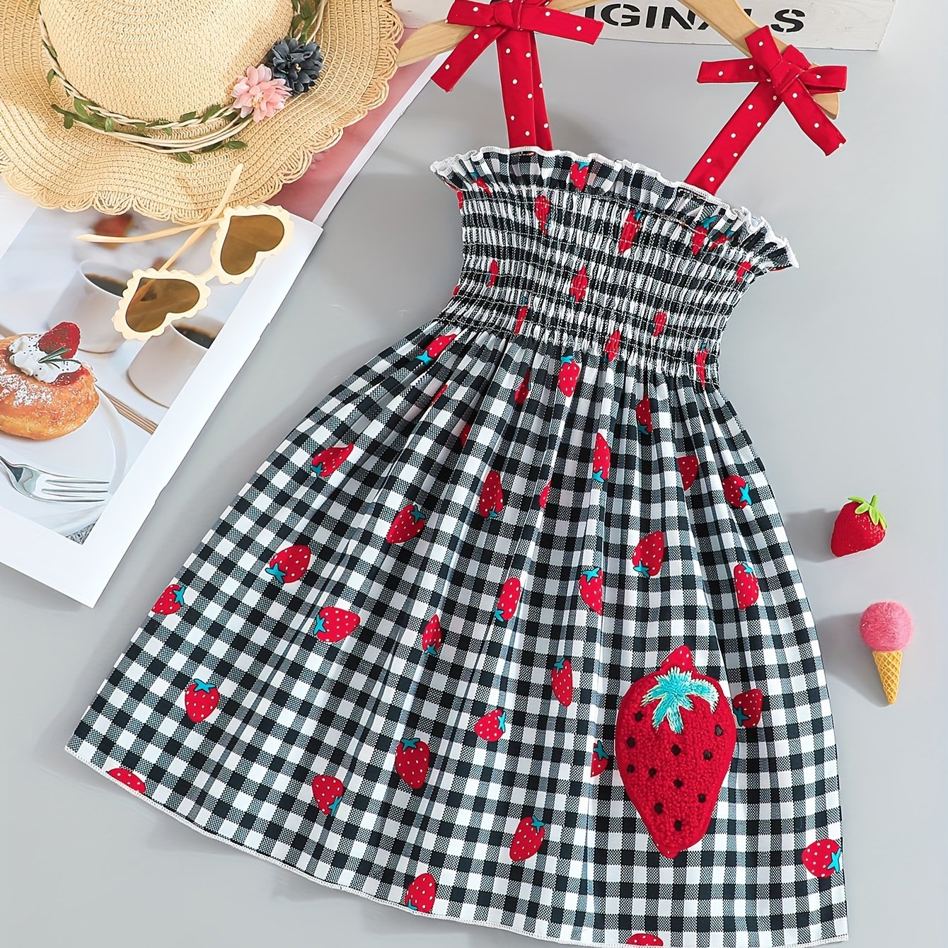 Adorable Sleeveless Strawberry Plaid Print Umbrella Skirt Dress for Girls - Cute Bow Straps, Slight Stretch Fabric, Flared Hem, Regular Fit, Perfect for Summer Holiday Party