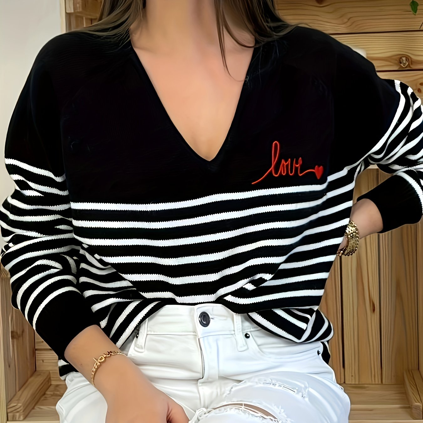 Striped V Neck Pullover Sweater, Casual Long Sleeve Sweater For Spring & Fall, Women's Clothing