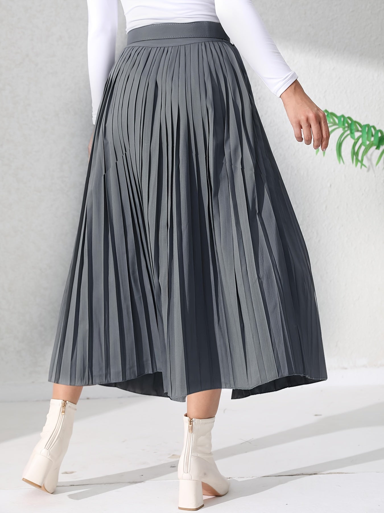 Solid Pleated Skirt, Casual Midi Skirt For Spring & Summer, Women's Clothing