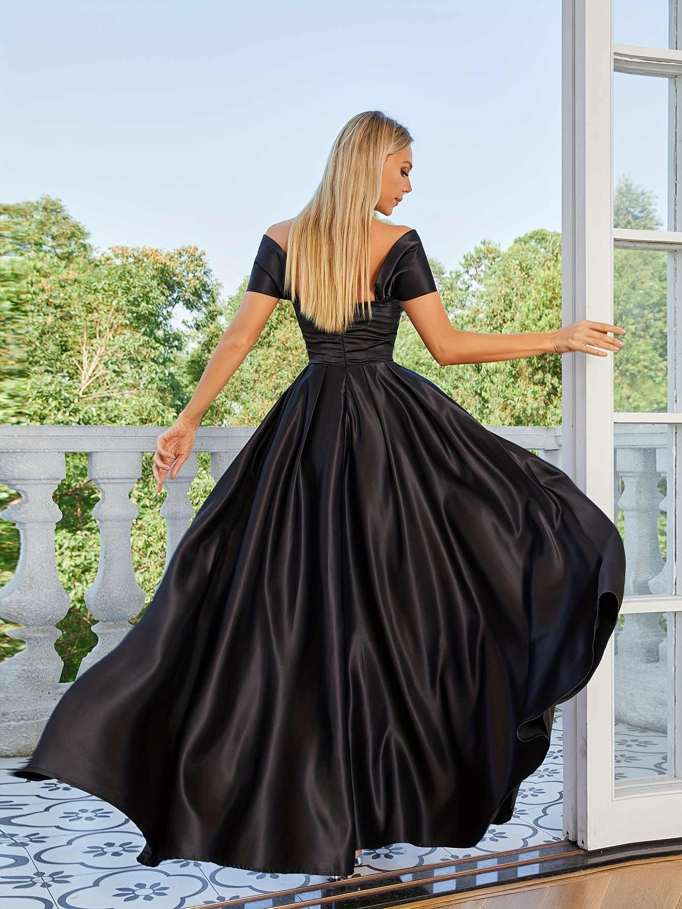 vlovelaw Solid Off Shoulder Aline Dress, Elegant Ruffle Hem Dress For Wedding Party, Women's Clothing