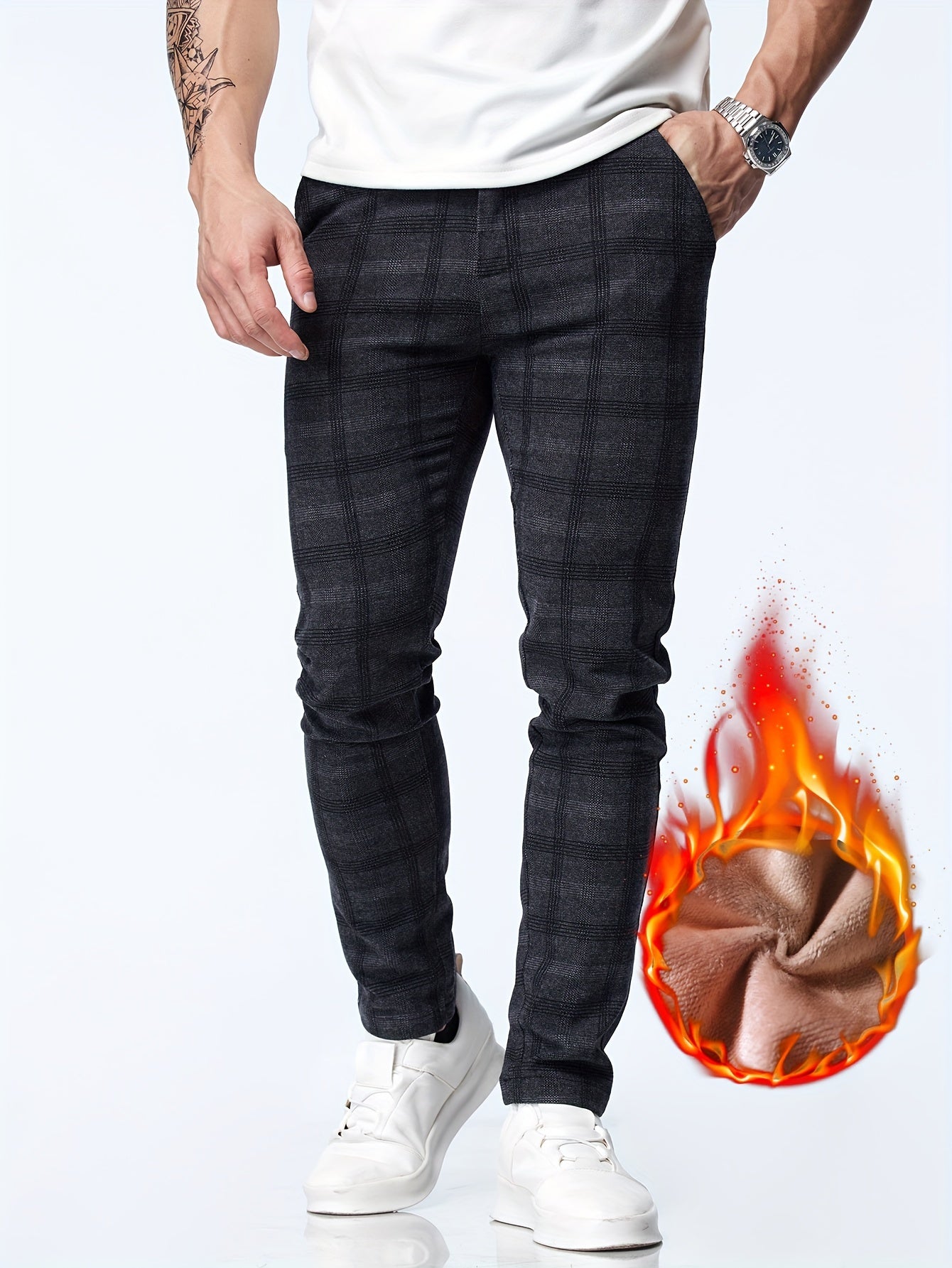 vlovelaw Men's Casual Warm Thick Slim Fit Pants, Chic Fleece Lined Retro Plaid Pants For Fall Winter