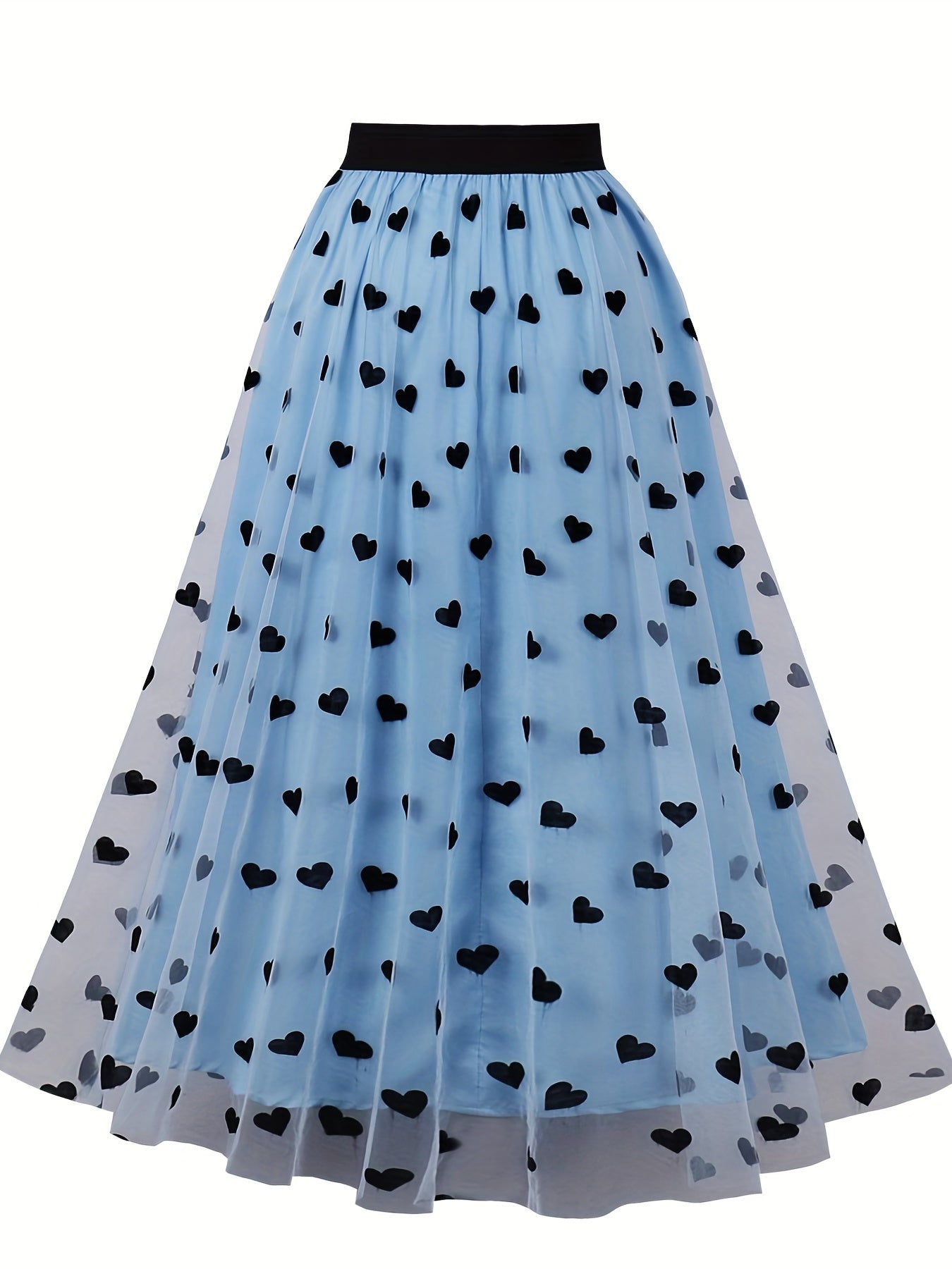 vlovelaw Heart Print Mesh Overlay Skirt, Elegant Skirt For Spring & Summer, Women's Clothing