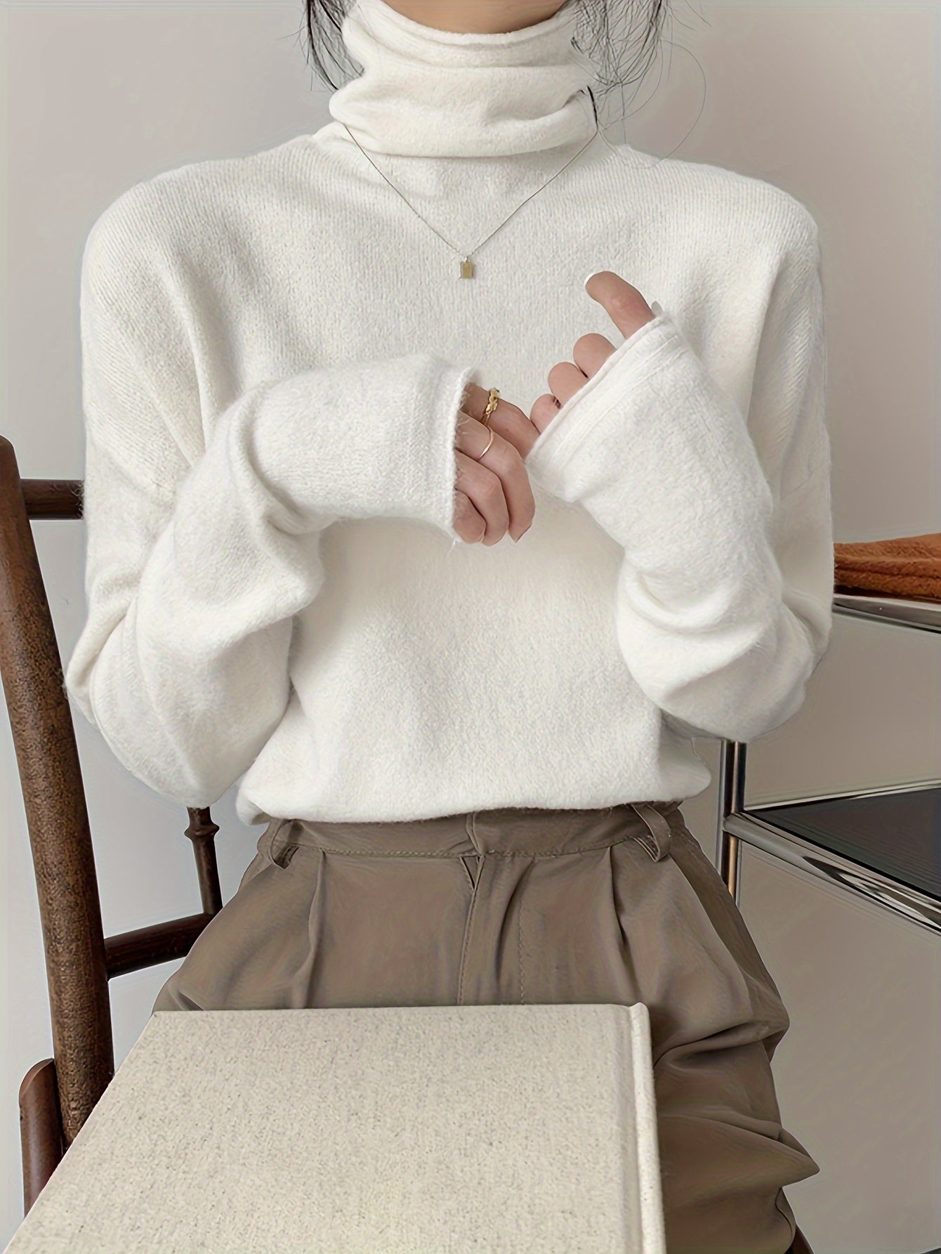 vlovelaw Solid Turtle Neck Pullover Sweater, Casual Long Sleeve Versatile Inner Wear Sweater, Women's Clothing