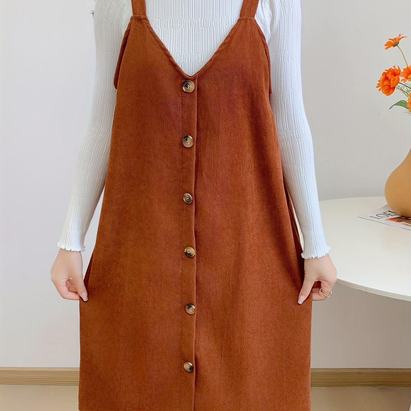vlovelaw Button Front Solid Overall Dress, Casual V Neck Sleeveless Dress, Women's Clothing