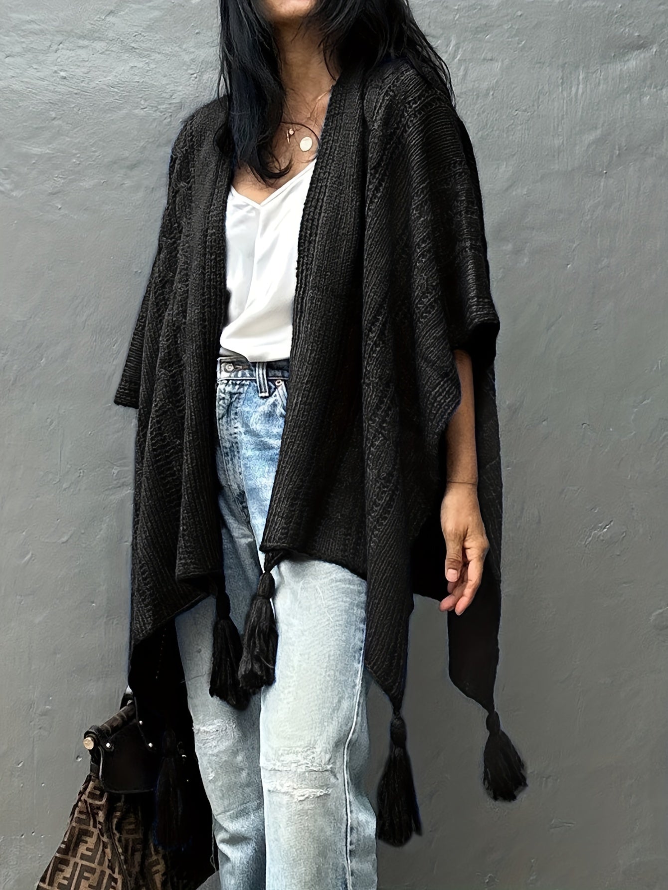 vlovelaw Plus Size Casual Cover Up, Women's Plus Solid Cape Sleeve Tassel Hem Beach Cover Up