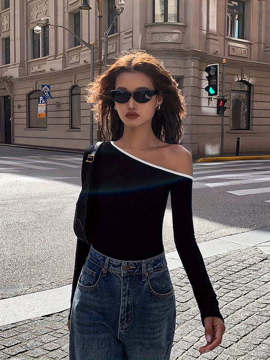 Contrast Trim One Shoulder T-shirt, Sexy Long Sleeve Top For Spring & Fall, Women's Clothing