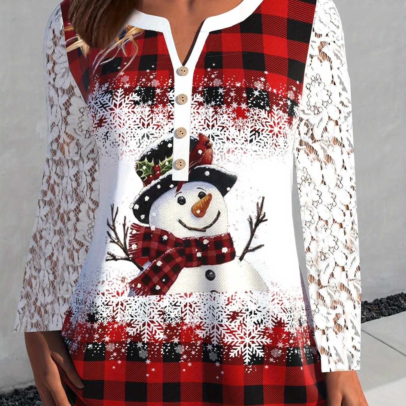 Floral Print Notch Neck T-Shirt, Casual Lace Stitching Long Sleeve Top For Spring & Fall, Women's Clothing