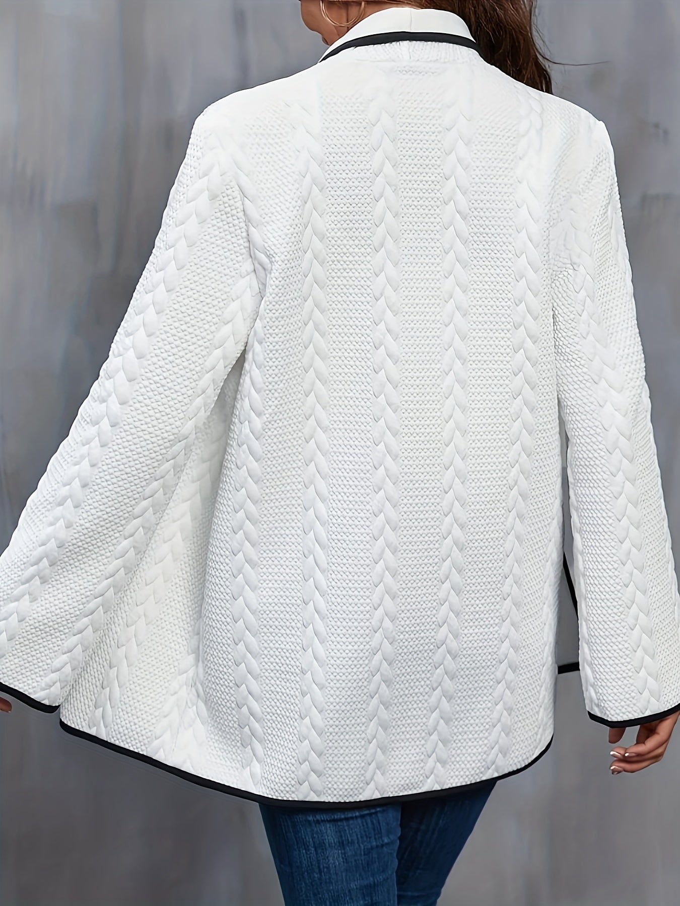 Contrast Trim Open Front Jacket, Casual Long Sleeve Fall & Winter Jacket, Women's Clothing