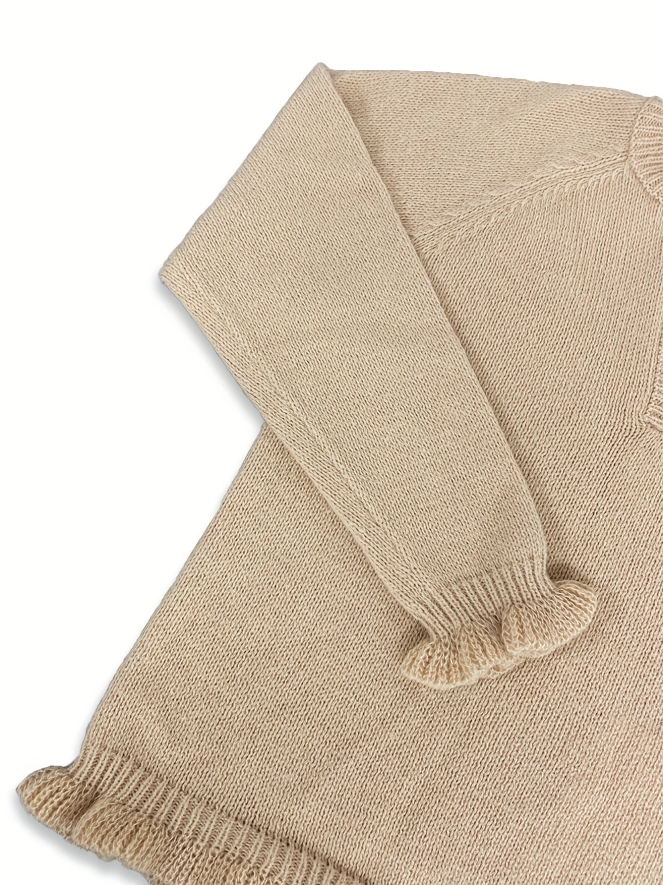 vlovelaw Solid V Neck Button Ruffle Hem Pullover Sweater, Casual Long Sleeve Sweater For Fall & Winter, Women's Clothing