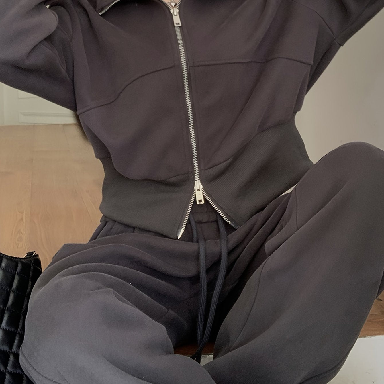 Solid Color Two-way Zipper Sweatshirt, Stylish Long Sleeve Lapel Sweatshirt For Fall & Winter, Women's Clothing