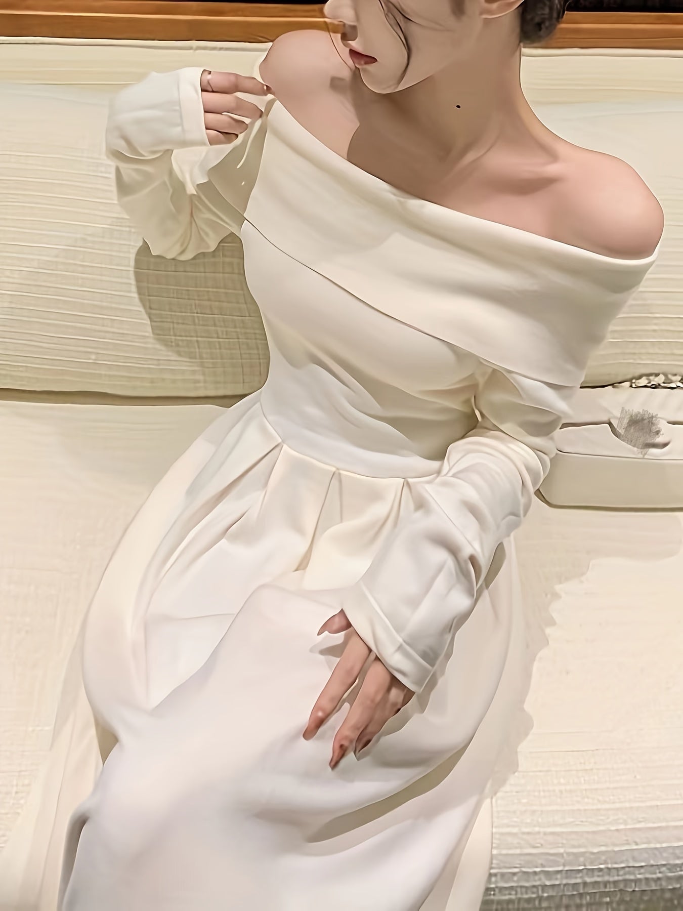 vlovelaw Solid Off Shoulder Aline Dress, Elegant Ruffle Hem Long Sleeve Slim Dress For Spring & Fall, Women's Clothing