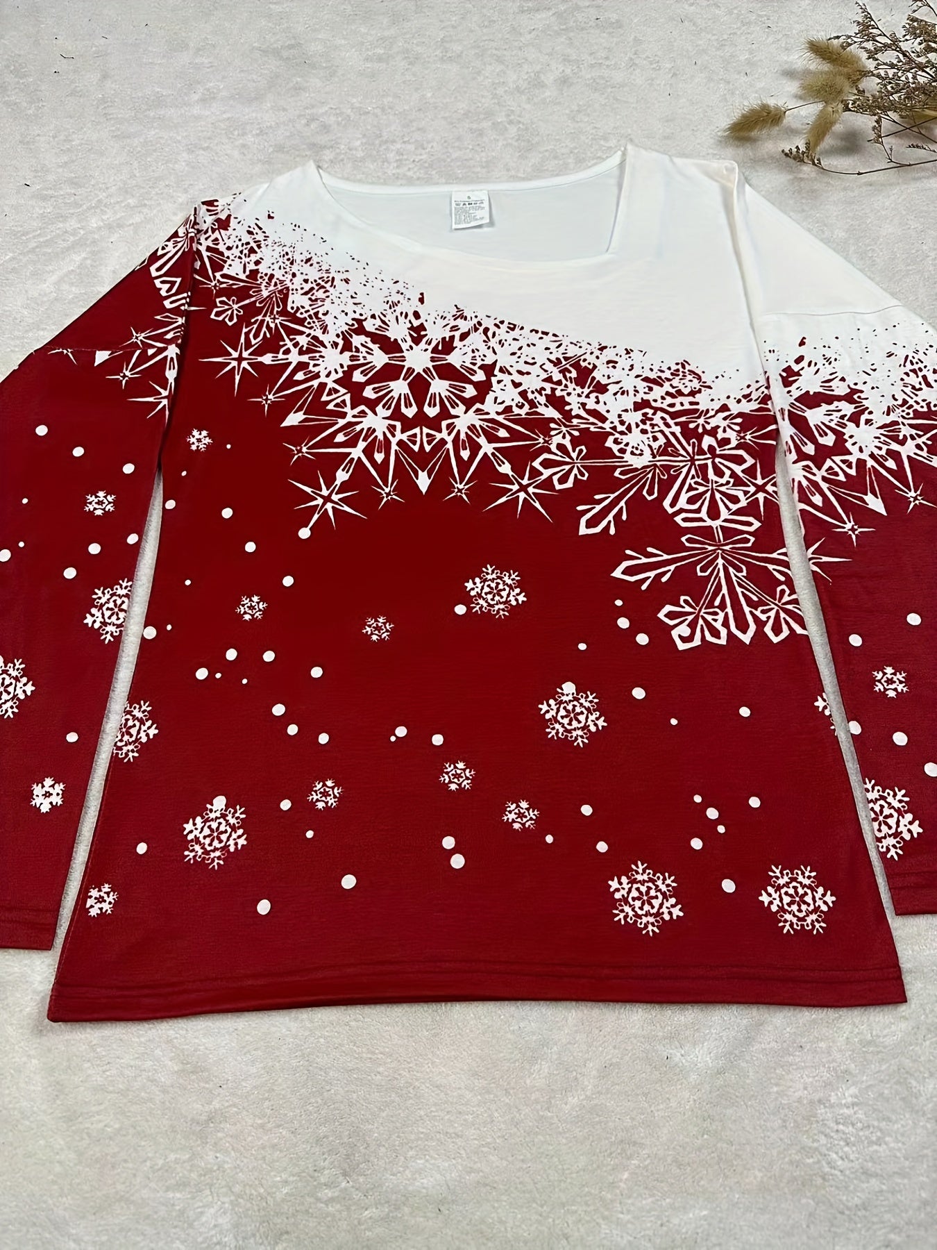 vlovelaw Snowflake Print Slant V Neck T-Shirt, Casual Long Sleeve Top For Spring & Fall, Women's Clothing