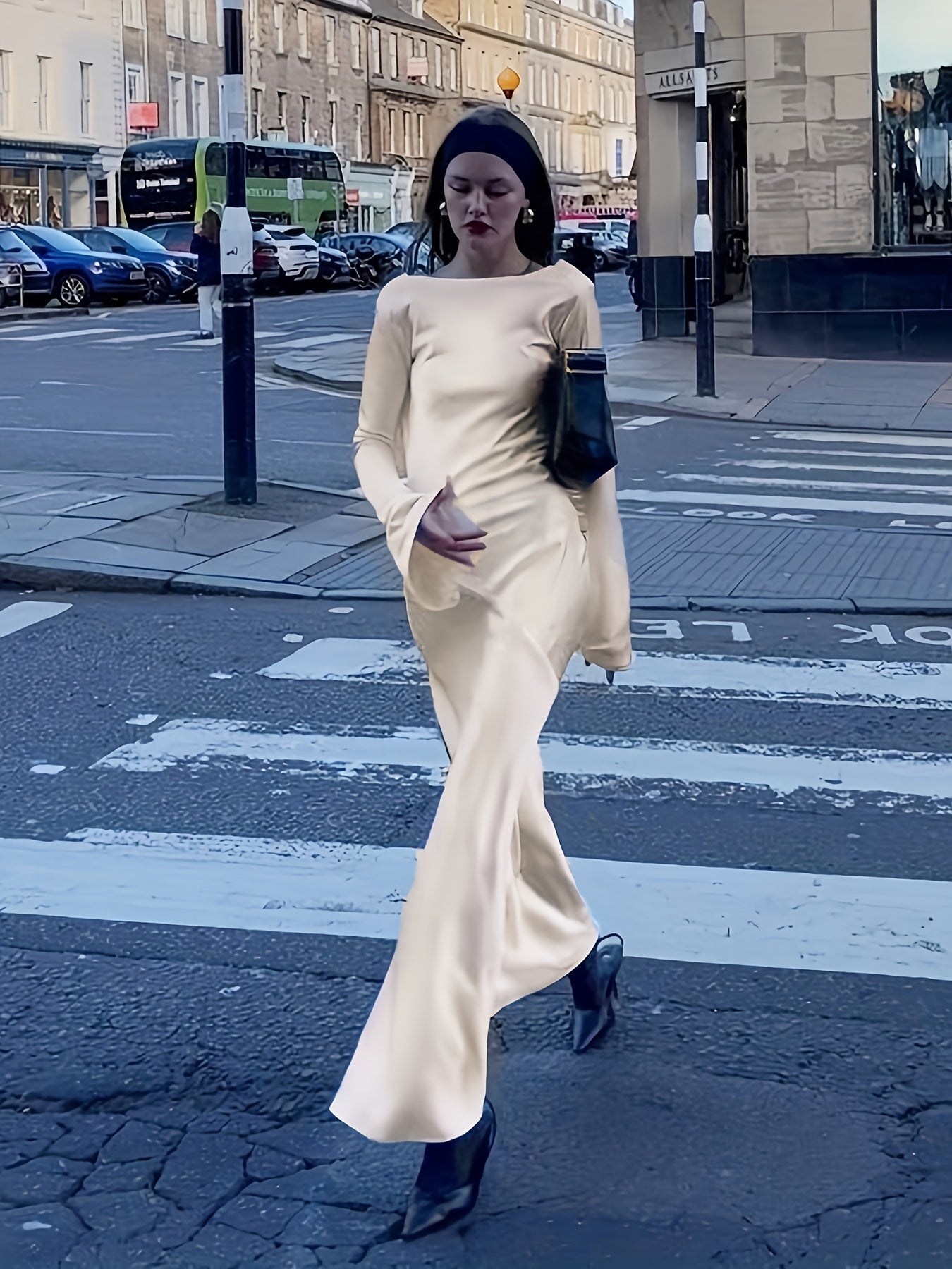 vlovelaw Satin Boat Neck Dress, Elegant Long Sleeve Draped For Spring & Fall, Women's Clothing