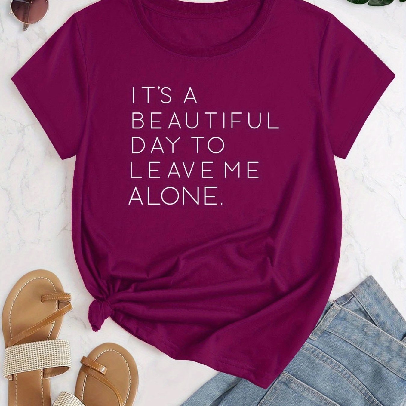 vlovelaw Casual Leave Me Alone Print Crew Neck T-shirt, Loose Short Sleeve Fashion Summer T-Shirts Tops, Women's Clothing