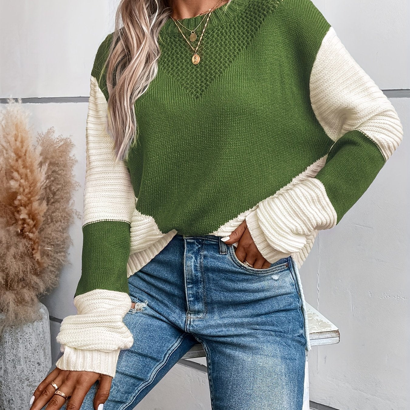 Color Block Crew Neck Sweater, Casual Long Sleeve Split Side Sweater, Women's Clothing