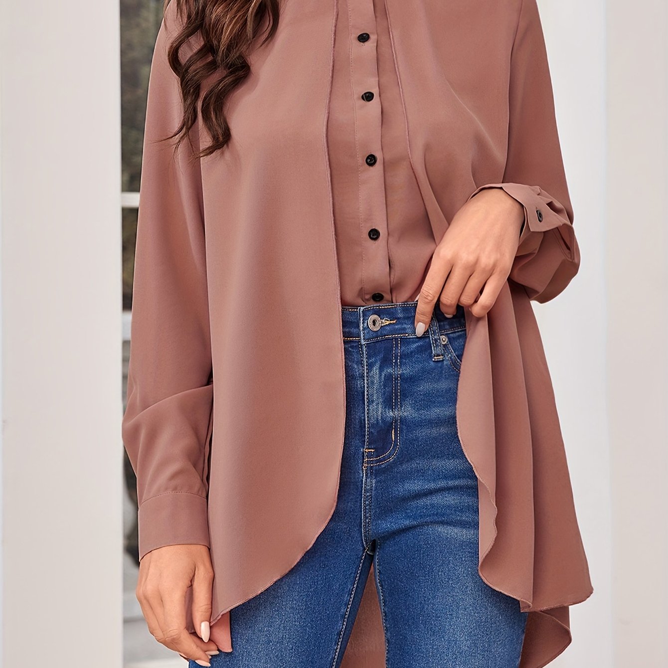 vlovelaw  Solid Button Front Shirt, Casual Crew Neck Cuff Sleeve Shirt For Spring & Fall, Women's Clothing