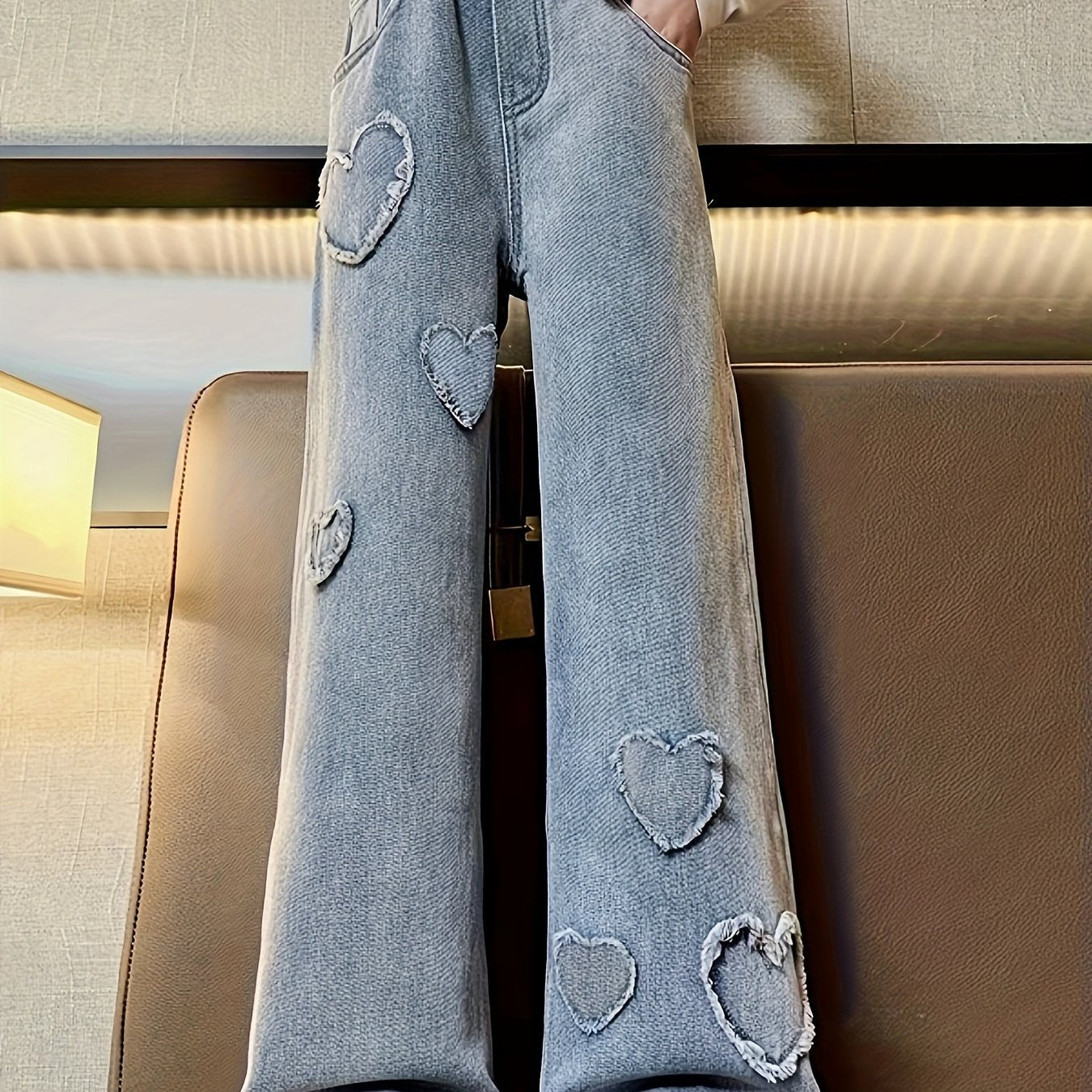 Girls Fashion High-Rise Loose Jeans Hearts Design Light Blue Denim Trousers For Street Going Out