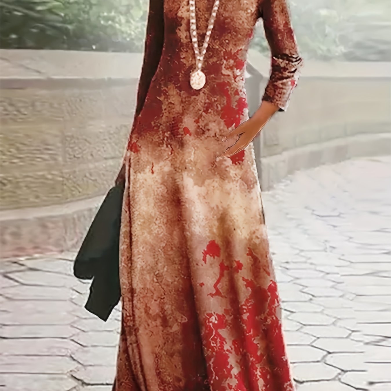 Tie Die Print Maxi Dress, Vintage Crew Neck Long Sleeve Dress, Women's Clothing